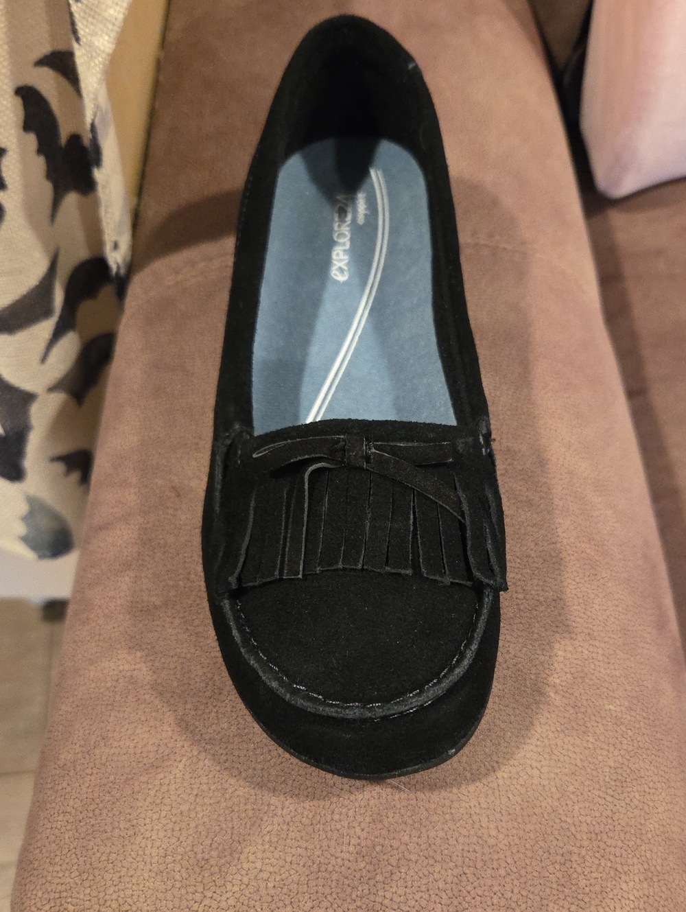 Easy Spirit Black Suede Fringe Moccasin with Bow Accent